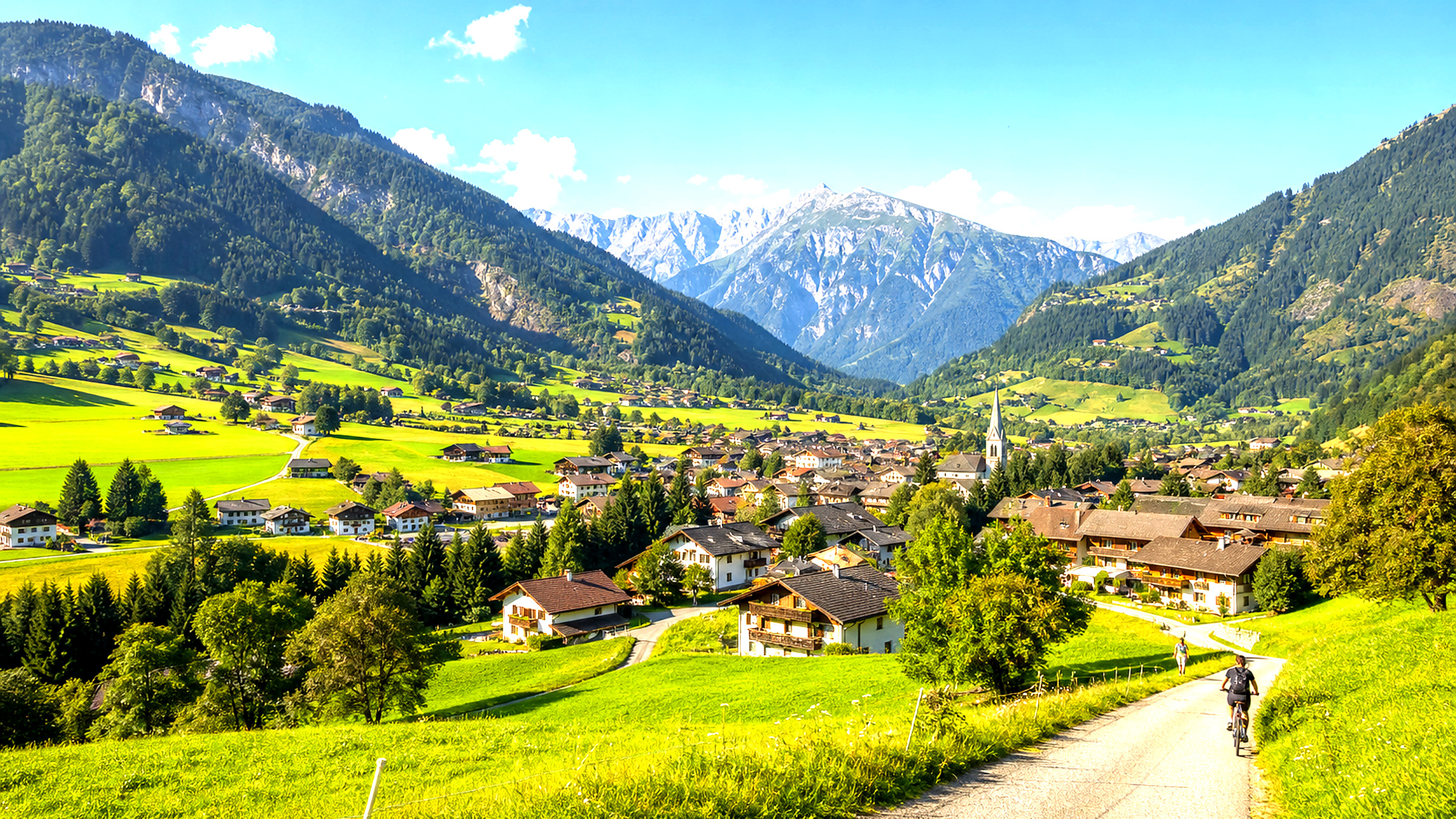 Tiroler Tal mit gewachsenem Ort, Wohnhäusern und Bergen